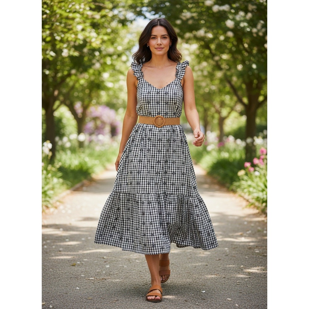 Madewell Black Gingham Embroidered Floral Tiered Maxi Dress L Tie Strap Cottage‎